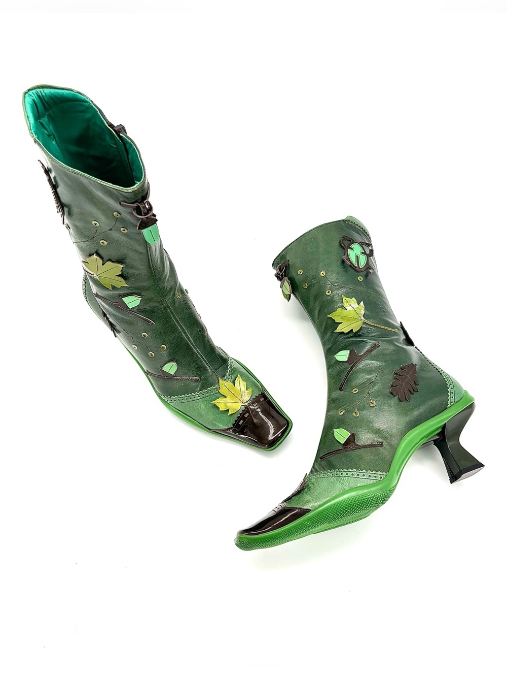 Vintage Prada FW1999 Runway Green Leaves and Bug Applique Leather Boots 38.5 - Picture 9 of 12